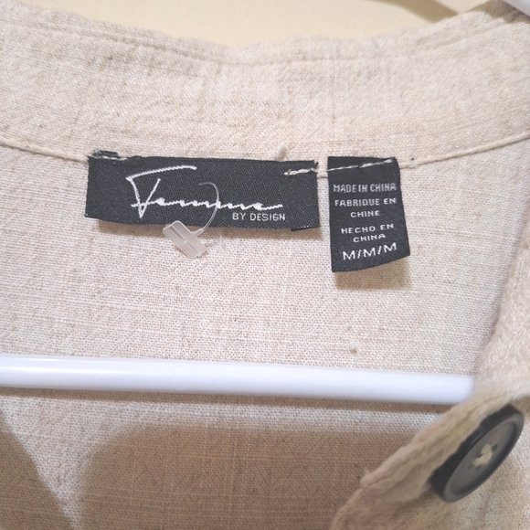 NWOT Femme Medium linen blend cap sleeve button up front tie knot beige shirt - Picture 2 of 6